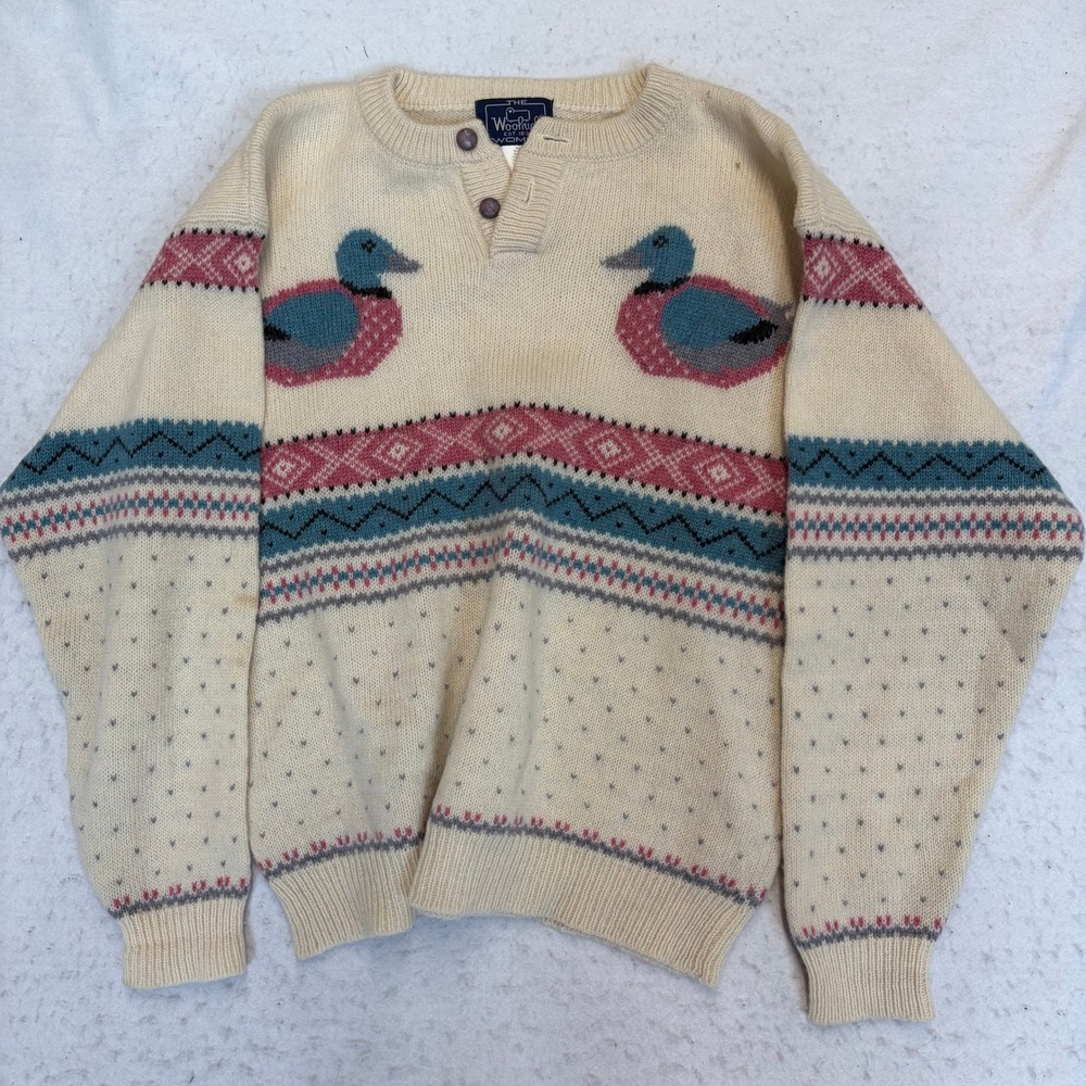 Woolrich Sweater Womens Medium Cream Duck Fair Isle Wool Henley Long Sleeve